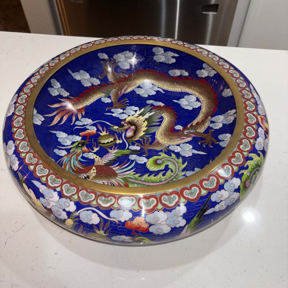 Chinese Heavy Cloisonné Enamel Brass Dragon Phoenix Decorative Bowl Signed 16in